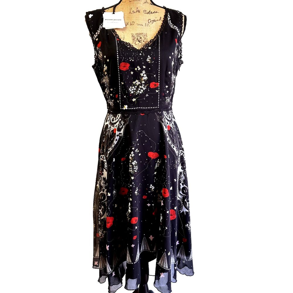 Piccione Piccione by Silvian Heach Black Floral Midi Sleeveless Dress Sz L